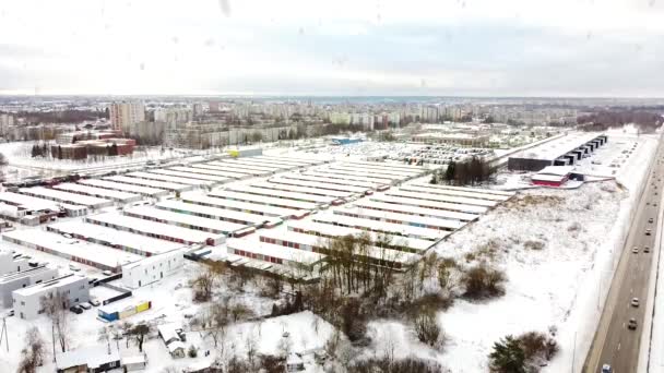 Endless Number Garage Boxes Soviet Built Apartment Buildings Snowfall Aerial — стоковое видео