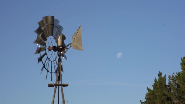 アルゼンチンのパタゴニアにある青い空の月と共に風と共に回転する古い風車 — ストック動画