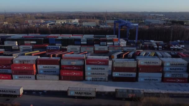 コンテナクレーンのリフトは 造船所の航空広い左軌道ビューで重い貨物輸出箱を積み降ろします — ストック動画