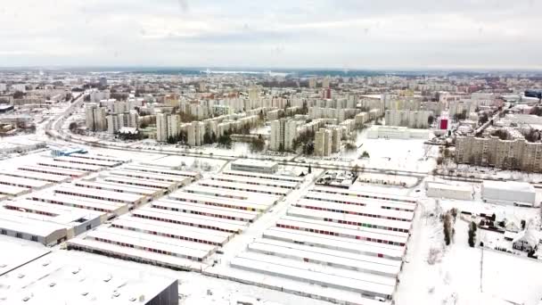 Colorful Garage Box Doors Living District Kaunas City Snowfall Aerial — Stock Video