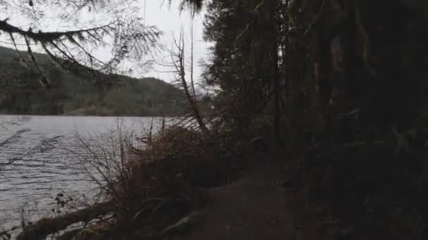 Walking Trail Edge Buntzen Lake Coquitlam Day Grey Clouds Mountains — Stockvideo