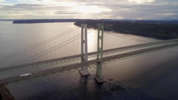 Wide Aerial Shot Pulling Away Tacoma Narrows Bridge Sunset Circa — Stock videók