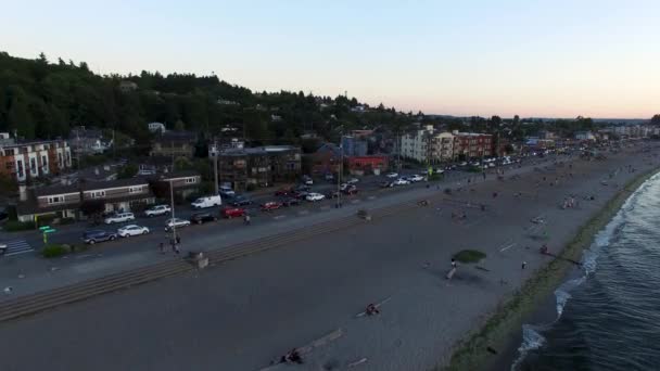 Aerial Soaring Alki Beach West Seattle Summer Evening — Stock Video