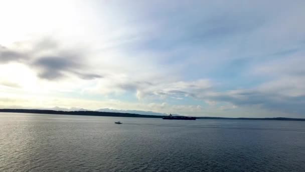 Aerial View Cargo Ships Traveling Puget Sound — Vídeos de Stock