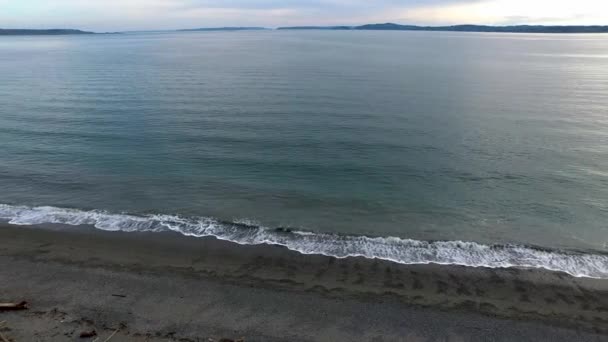 Panning Aerial Shot Discover Park Shoreline Facing Olympic Mountain Range — Vídeo de Stock