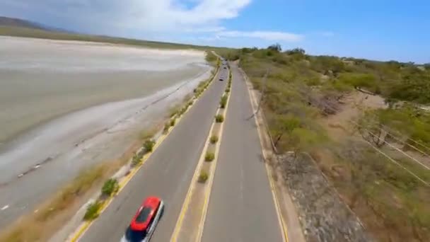 Aerial Fpv Row Mini Cooper Cars Las Calderas Bani Dominican — стокове відео