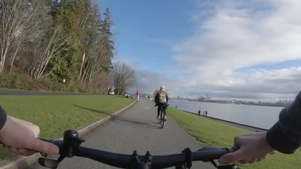 Man Woman Riding Bicycles Path Next Sea Coastline Woods Daytime — стоковое видео