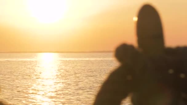 前景に古いロープで動く帆船から撮影された海の夕日 — ストック動画