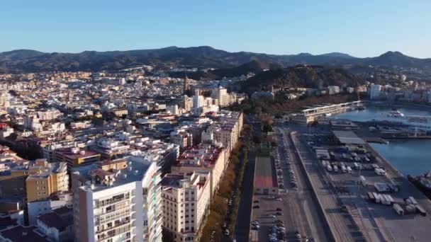 Malaga City Spain Sunny Morning Aerial Drone Pullback — стоковое видео