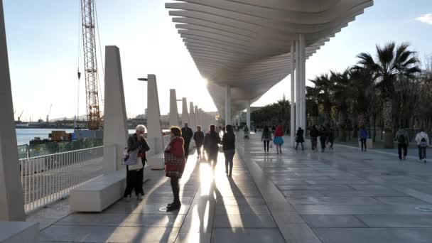 People Walking Boardwalk Malaga Harbor Sunset Slomo — Video