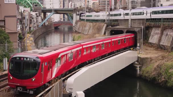Tre Tåg Passerar Vid Ochanomizu Station Kanda River Tokyo Japan — Stockvideo