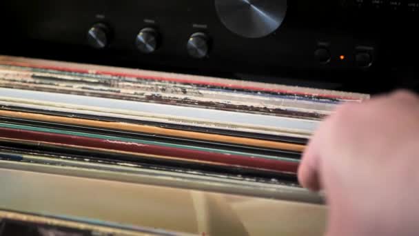 Gros Plan Homme Mains Parcourant Les Disques Vinyles Vintage Maison — Video