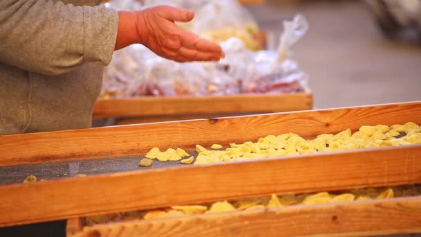 Older Italian Women Making Selling Handmade Traditional Orecchiette Pasta Street — Stock Video