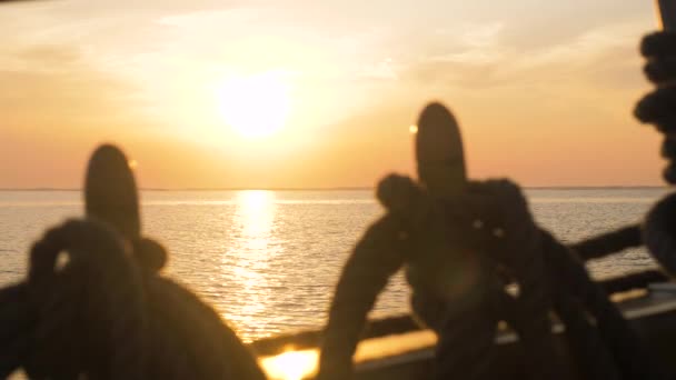 Sunset Old Sailing Ship Equipment Ropes Foreground — Vídeo de stock