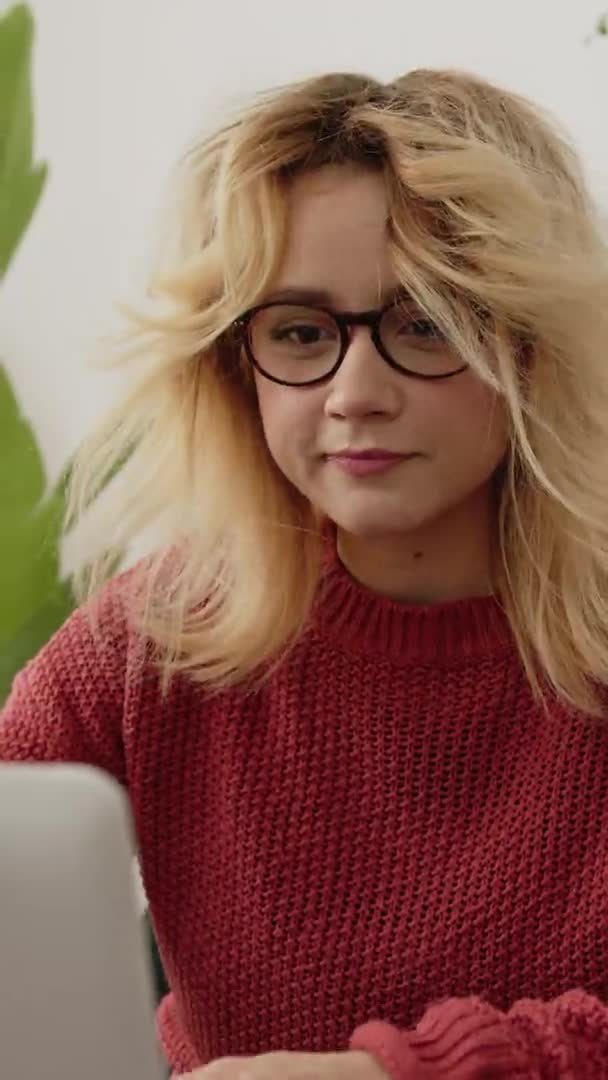 Hipster Millennial Caucasian Girl Freelancer Working Remotely Laptop Home Vertical — Video