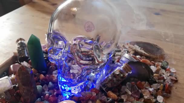 Incense Smoke Collection Colourful Healing Crystals Mysterious Spiritual Skull Wooden — Video Stock