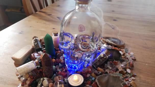 Collection Colourful Healing Quartz Crystals Mysterious Incense Spiritual Skull Wooden — Vídeos de Stock