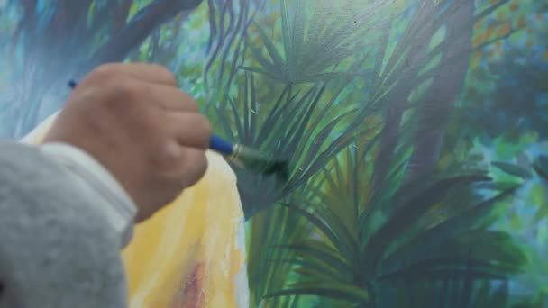 Artist Brushing Acrylic Paint Canvas Medium Close — Stockvideo