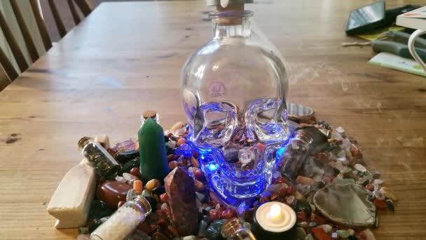 Collection Colourful Healing Paranormal Crystals Mysterious Incense Skull Wooden Kitchen — Stock Video