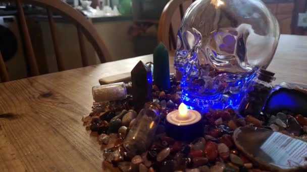 Candle Collection Colourful Healing Crystals Mysterious Spiritual Skull Wooden Kitchen — Vídeo de Stock