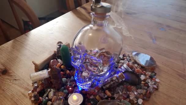 Collection Colourful Healing Crystals Mysterious Spiritual Incense Skull Wooden Kitchen — Vídeos de Stock