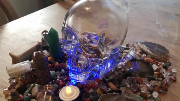 Collection Colourful Wellbeing Crystals Mysterious Spiritual Skull Wooden Kitchen Table — Video