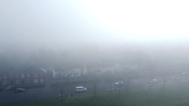 Flying Village Residential Neighbourhood Property Foggy Weather Coverage — Vídeos de Stock