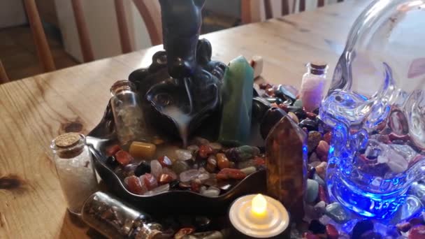 Backflow Incense Collection Colourful Healing Crystals Mysterious Spiritual Skull Wooden — Vídeos de Stock