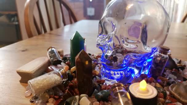 Collection Colourful Gypsy Healing Crystals Mysterious Spiritual Skull Wooden Kitchen — Vídeos de Stock