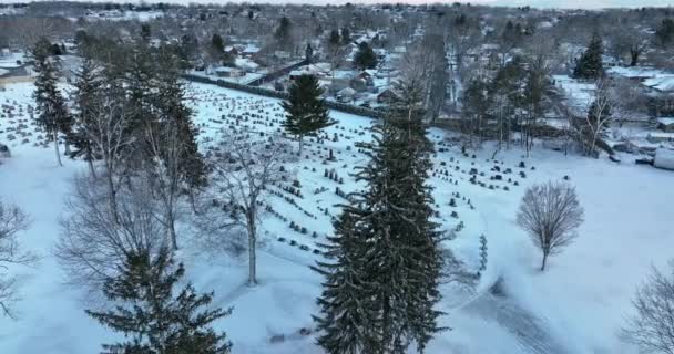 Χειμερινό Χιόνι Εναέρια Σκηνή Νεκροταφείο Αργά Περνούν Από Δέντρα Θέση — Αρχείο Βίντεο