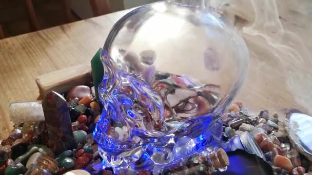 Smoking Incense Healing Crystals Mysterious Spiritual Skull Wooden Kitchen Table — Video Stock