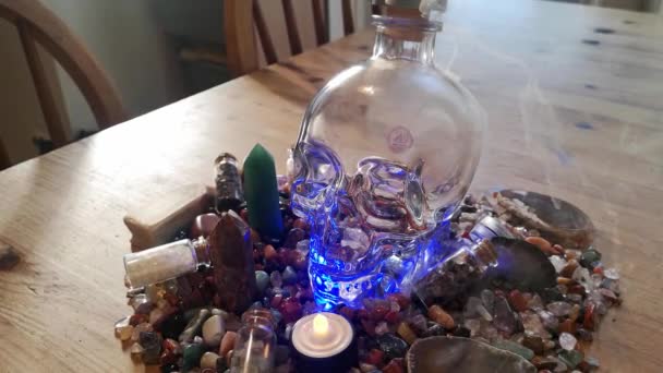 Spooky Collection Colourful Healing Crystals Mysterious Spiritual Skull Wooden Kitchen — Vídeos de Stock