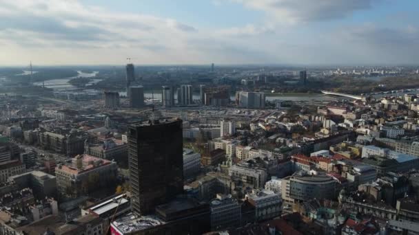 Belgrad Sırbistan Şehrin Hava Görüntüsü Skyline Rıhtım Nşaat Alanı Kule — Stok video