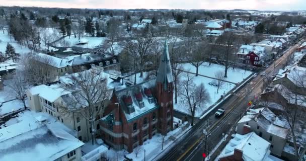 Linden Hall School Voor Meisjes Winter Sneeuw Lititz Moravische Kerk — Stockvideo