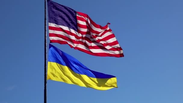 Ukrainian American Flag Flying Together Windy Day — ストック動画