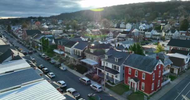 Aerial Homes Small Town Usa Winter Dramatic Light Beautiful Colorful — Wideo stockowe