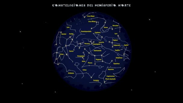 北半球または北半球から見える星の星座をスペイン語のタイトルで表示するアニメーション — ストック動画