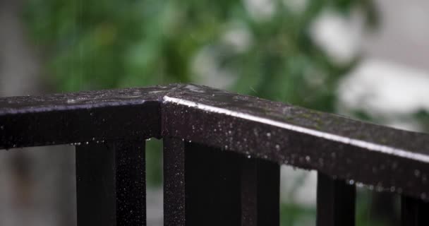 一个带倾盆大雨的圆锥上的角落 带着模糊的花园背景 洒满了雨水 4K内的低角度近距离拍摄 — 图库视频影像