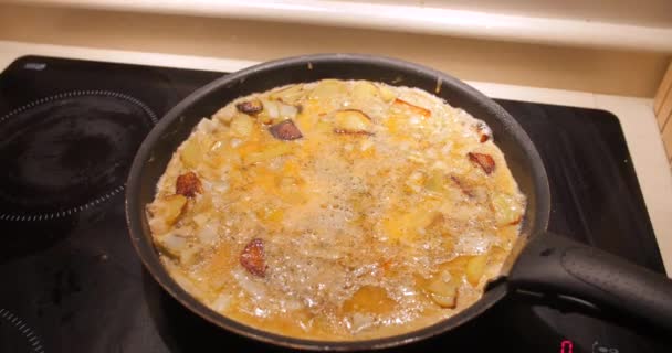 Omelete Ovo Fritura Com Batatas Cebolas Cozinhar Tortilla Espanhola Perto — Vídeo de Stock