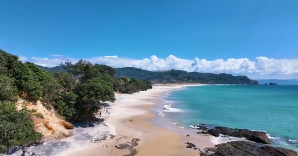 Dramático Vuelo Sobre Otama Beach Arena Blanca Mar Terquesa Nueva — Vídeos de Stock