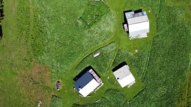 Drone Shot Facing Rotating Chalets Alpine Pastures Midday Sun — стоковое видео