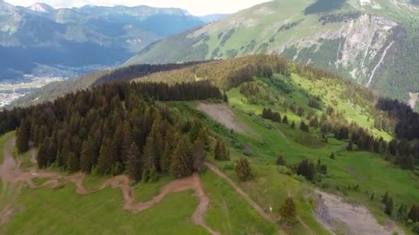 Drone Shot Movendo Para Frente Trilhas Bicicleta Montanha Florestas Montanhas — Vídeo de Stock