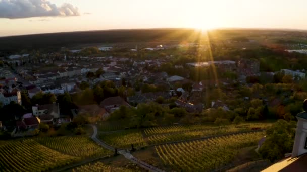 Sunset Bzenec Village Church Vineyards Moravia Drone Shot — Vídeo de stock