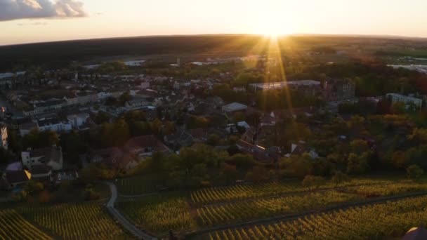 ベンゼック村とモラビアのブドウ畑の丘の上の日没 ドローン — ストック動画