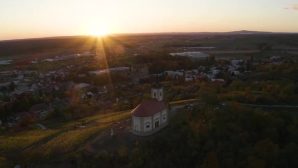 Drone Shot Bzenec Village Moravia Chapel Vineyard Sunset — Stockvideo