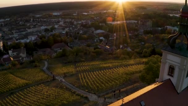 Drone Skott Kyrka Vingård Bzenec Byn Mähren Vid Solnedgången — Stockvideo