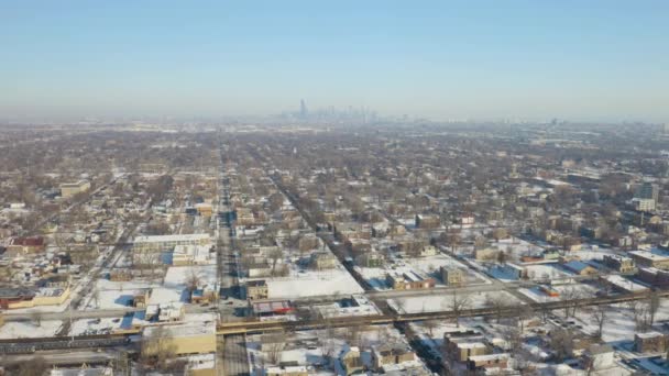Luchtfoto Van Chicago Skyline Vanuit South Side Winter Voetstuk Naar — Stockvideo