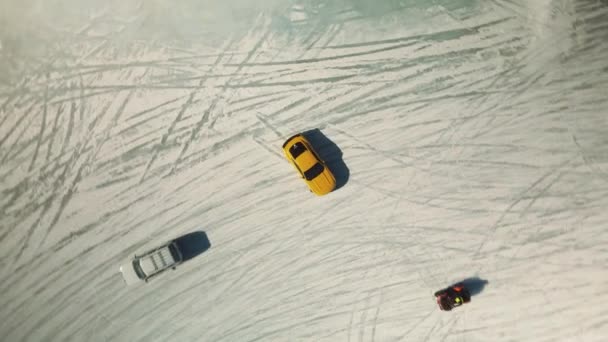 Yellow Ford Mustang Drifting One Ice Drone Perspective — Wideo stockowe