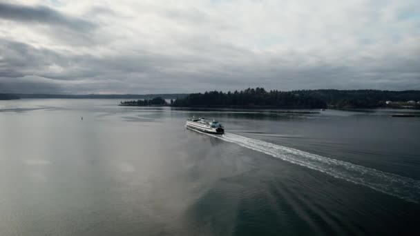 Large Commuter Ferry Dark Calm Water Gloomy Clouds Reflect Aerial — 비디오