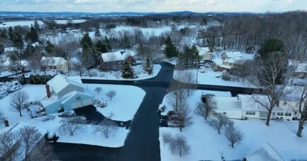 Town Usa Covered Winter Snow Aerial Christmas Season Suburban Homes — Video